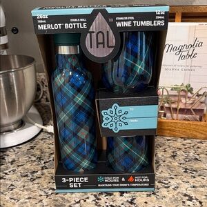 TAL Blue Plaid Stainless Steel Wine Tumbler and Bottle Set